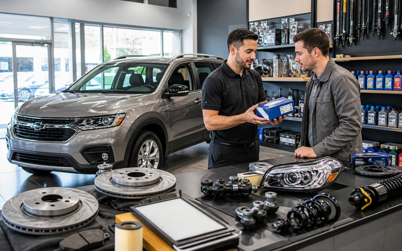 Auto parts specialists with vehicles and parts on the counter