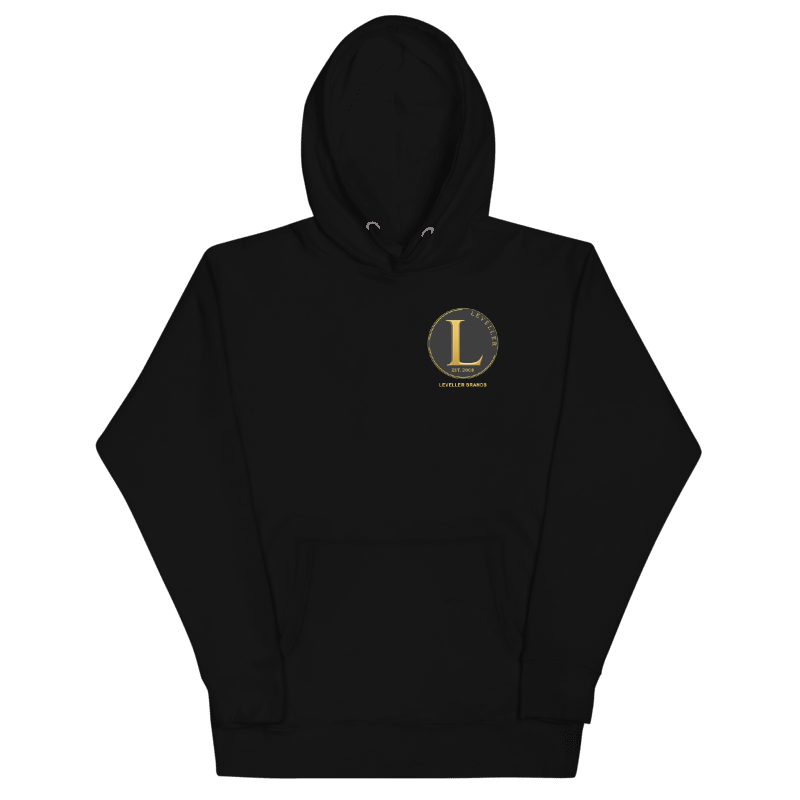 Black LEVELLER Brands Essential Hoodie with the gold seal on the left chest