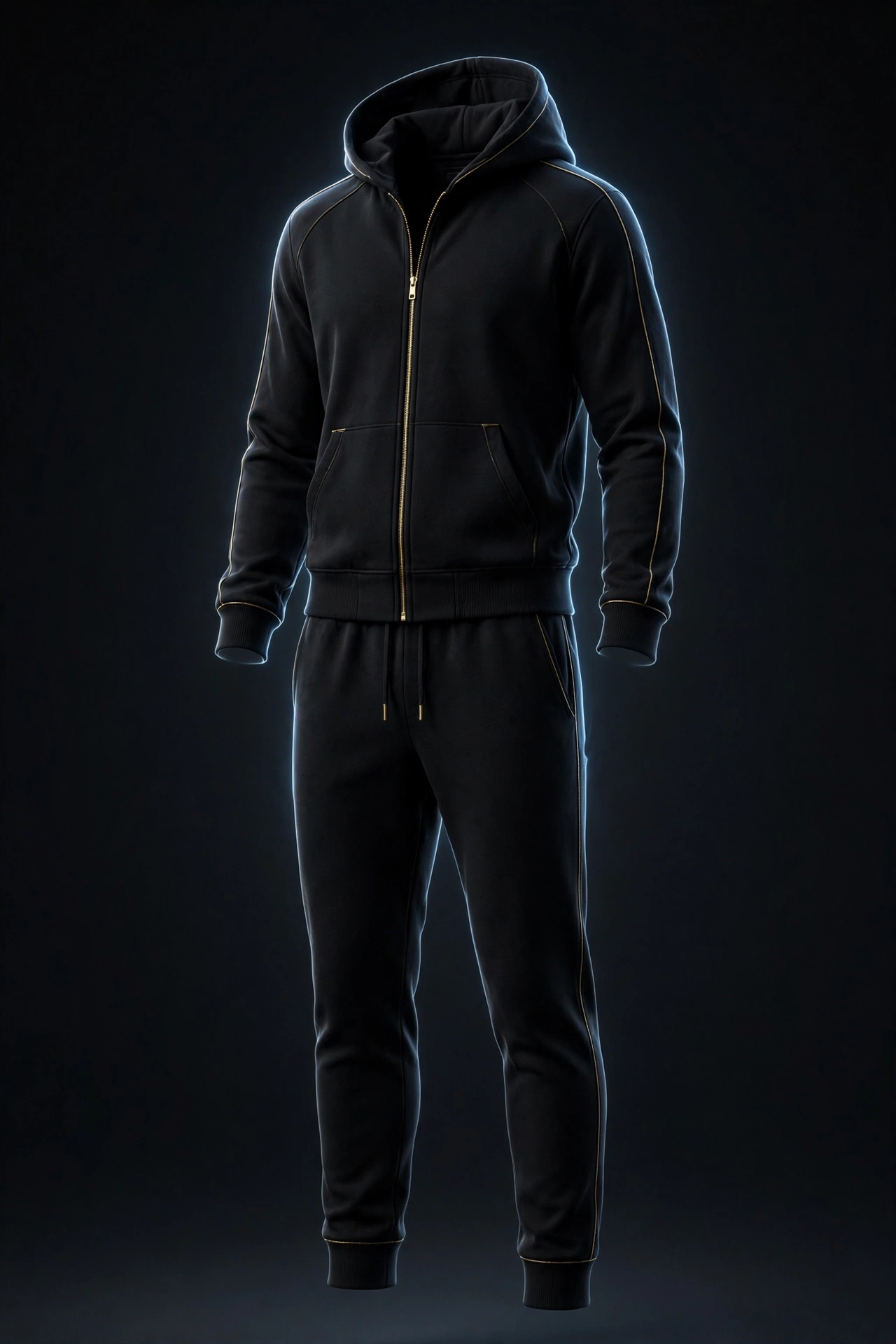 LEVELLER Brands concept — black tracksuit with gold piping