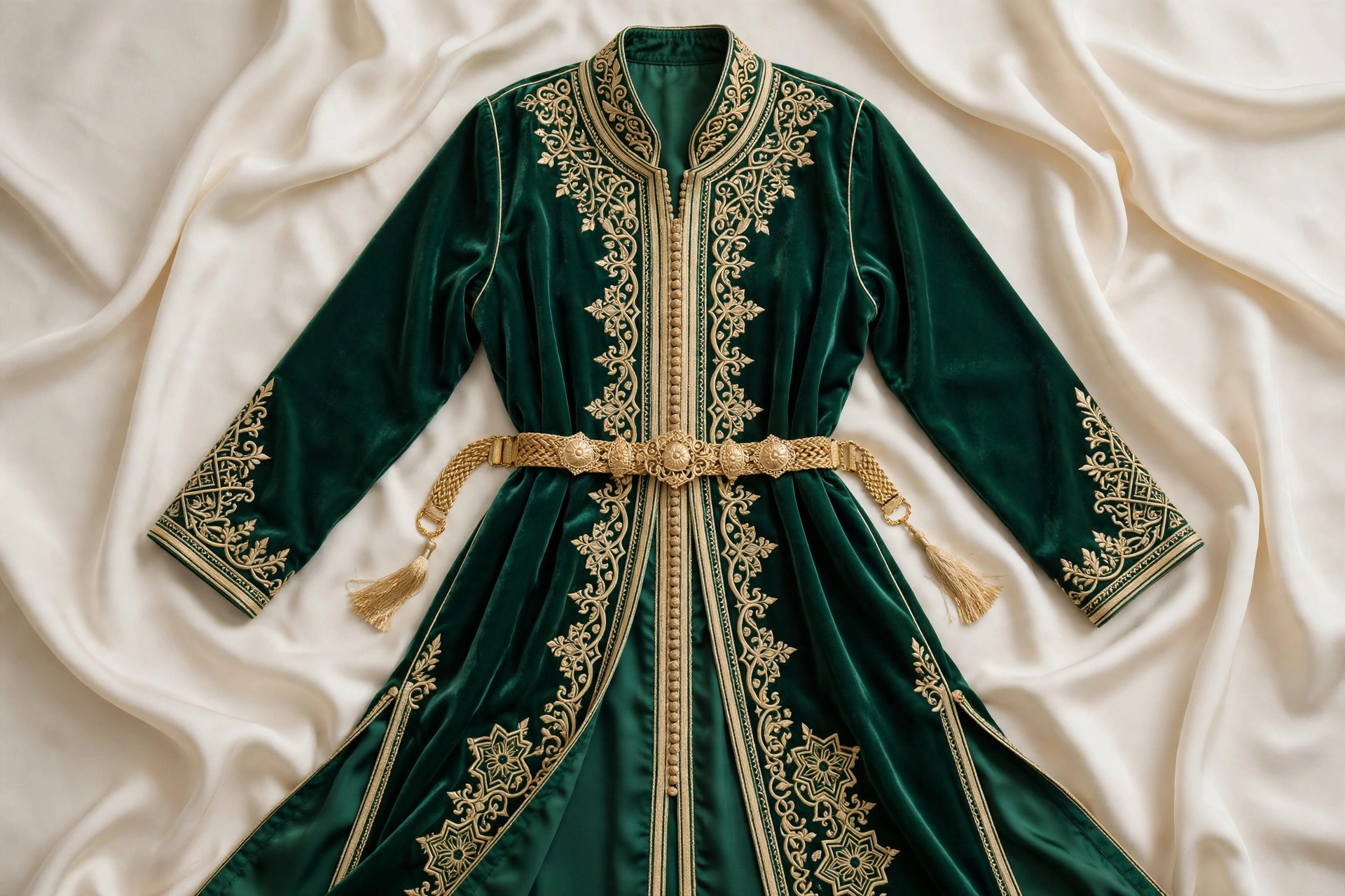 NAFTY CLOTHING concept — emerald Moroccan kaftan with gold belt