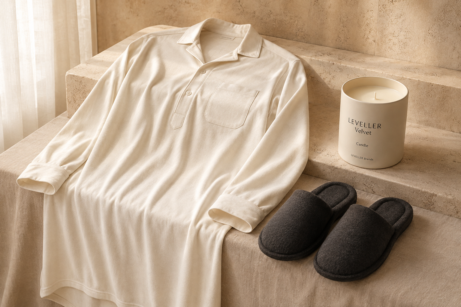 AI-generated evening concept with an ivory men's nightshirt, slip-on home slippers and a candle