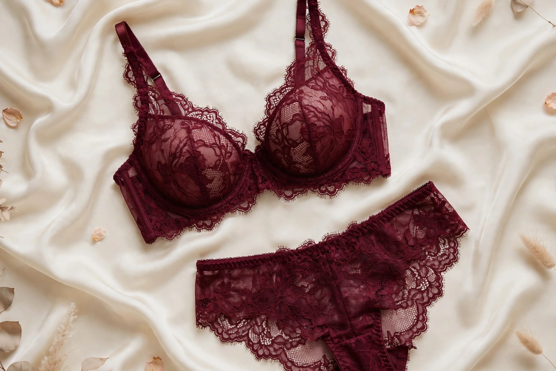 LEVELLER Velvet concept — women's lace bra and panty set in deep burgundy