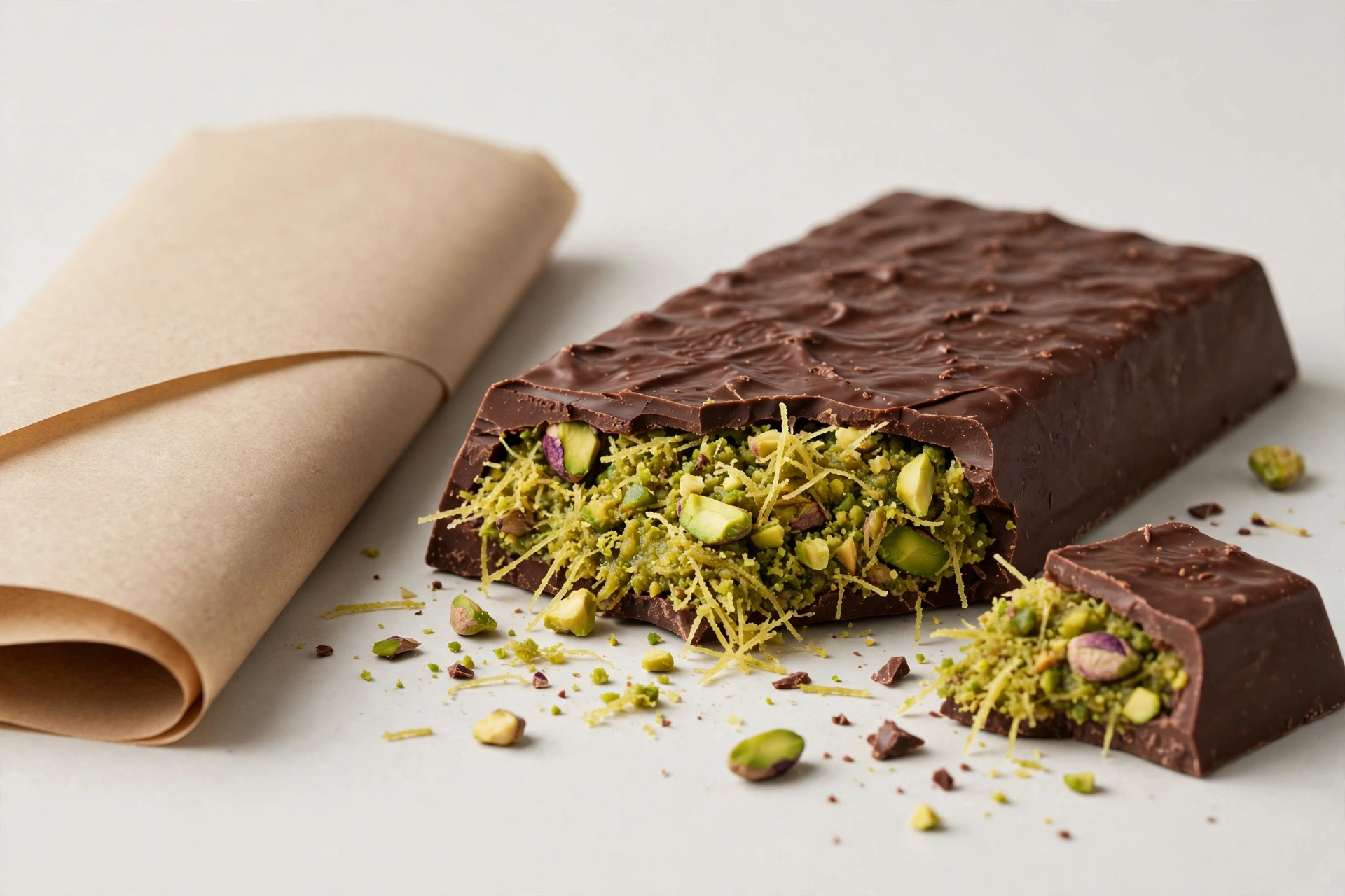 Chocolate bar with pistachio kadayif filling
